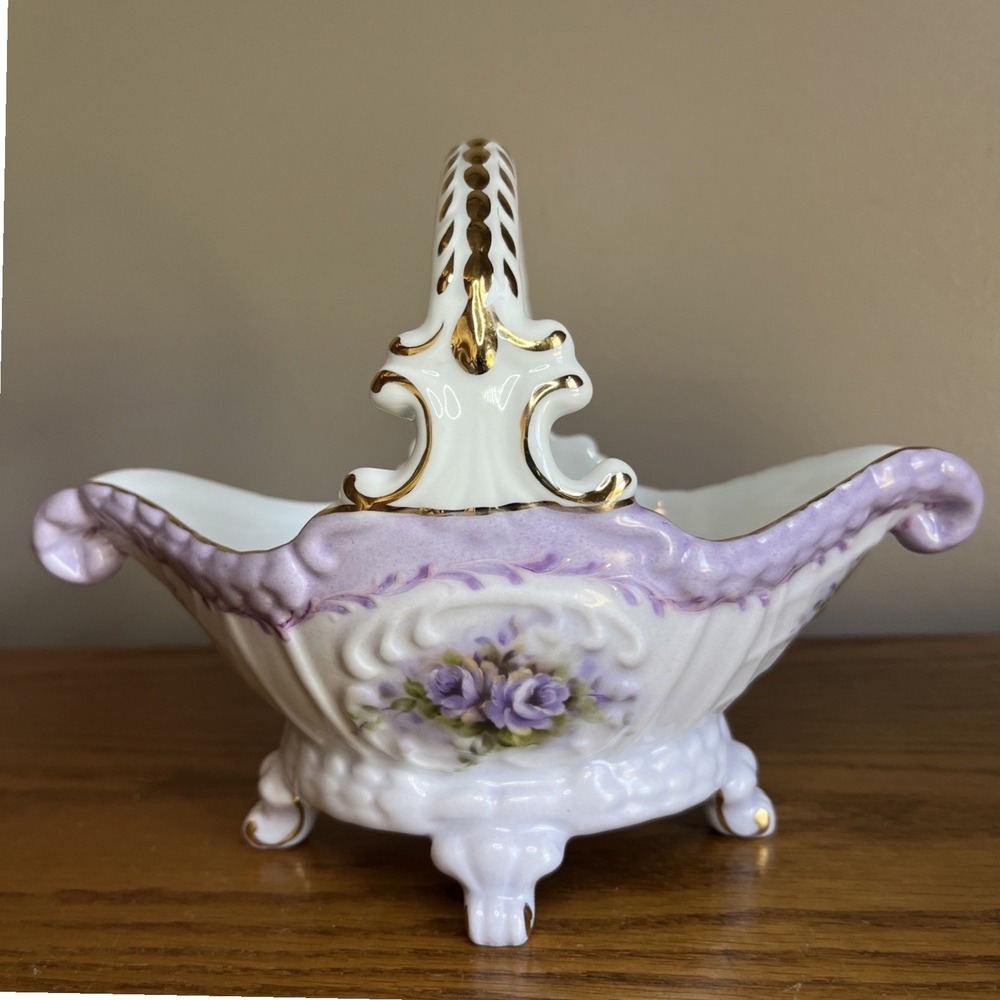 Vintage Cracker Barrel Footed Porcelain Basket Violets 10K Gold Trim Cottagecore
